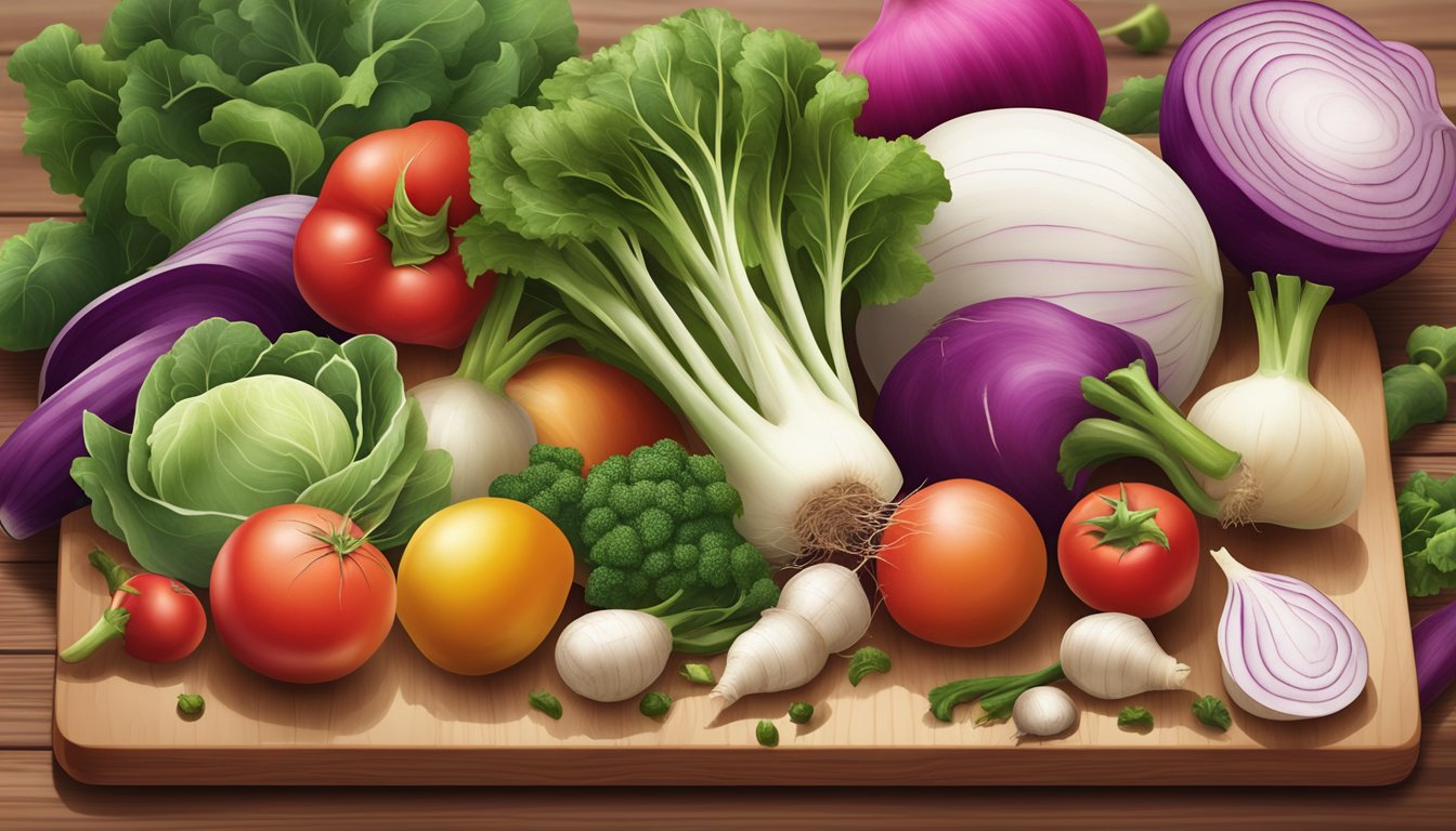 A variety of colorful vegetables arranged on a wooden cutting board, with a focus on turnips surrounded by other vegetables