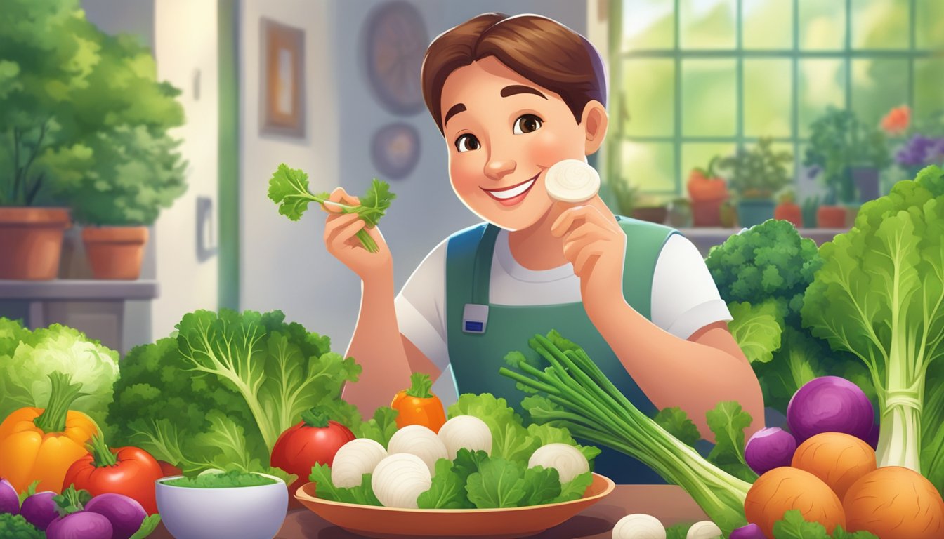 A smiling diabetic person enjoying a colorful plate of turnips and other fresh vegetables, surrounded by vibrant green foliage