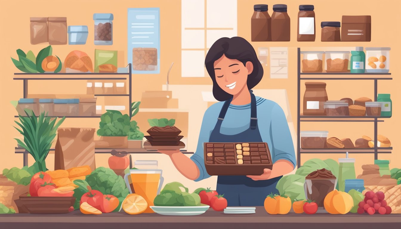 A person with diabetes holding unsweetened baking chocolate, surrounded by healthy food items and a nutrition label