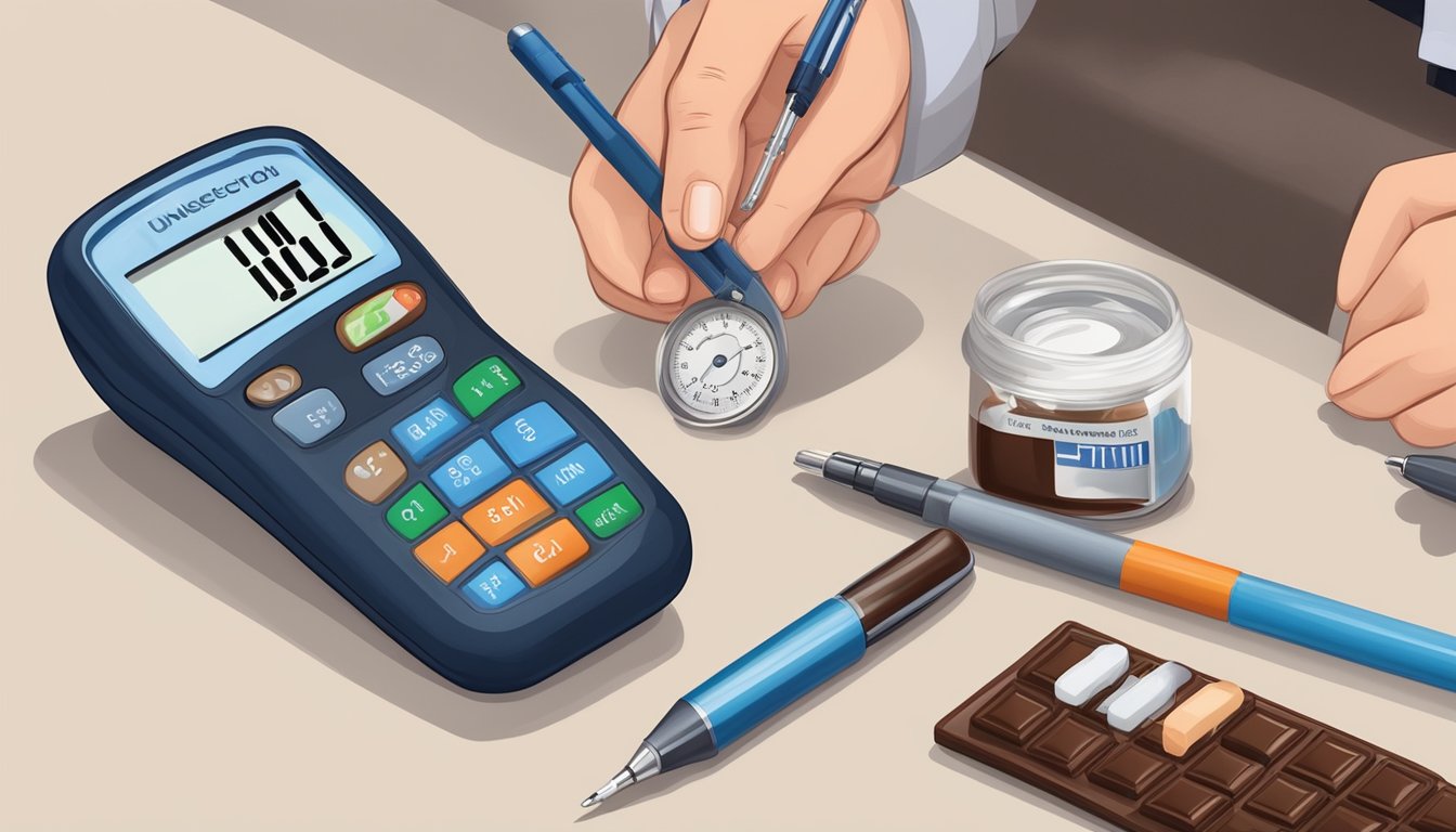 A diabetic person holding unsweetened baking chocolate, with a blood sugar monitor and insulin pen nearby