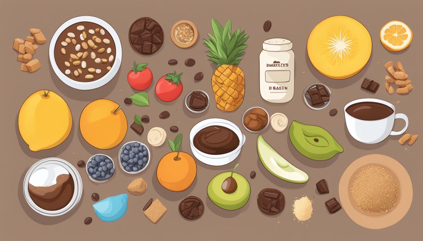 A diabetic person holding unsweetened baking chocolate, surrounded by various diabetic-friendly food items like fruits, vegetables, and whole grains