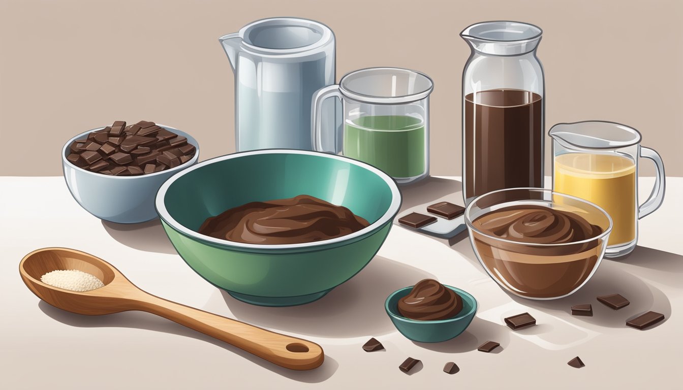 A kitchen counter with unsweetened baking chocolate, a measuring cup, and a mixing bowl