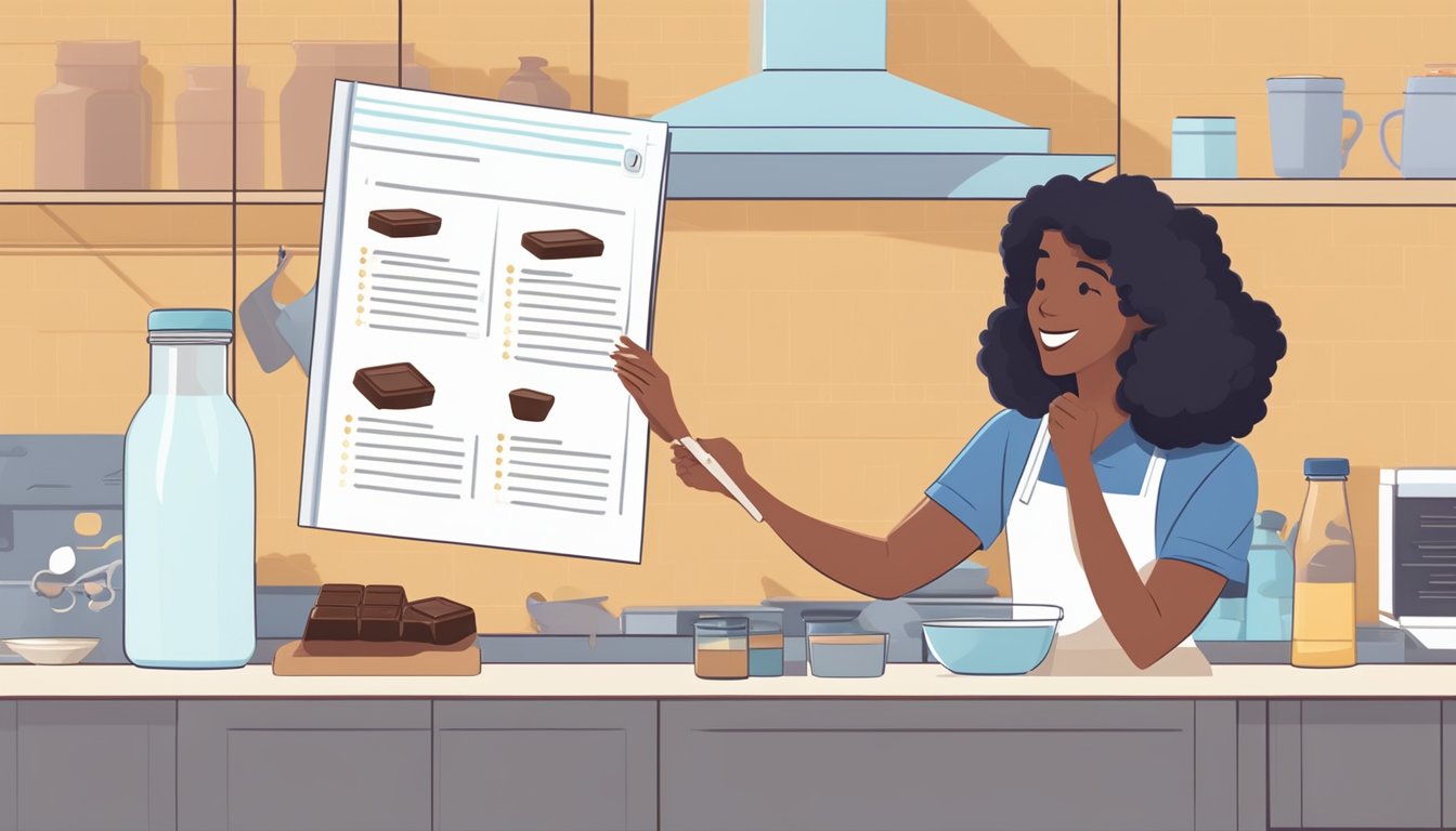 A diabestics is holding a package of unsweetened baking chocolate while looking at a recipe book and measuring ingredients on a kitchen counter