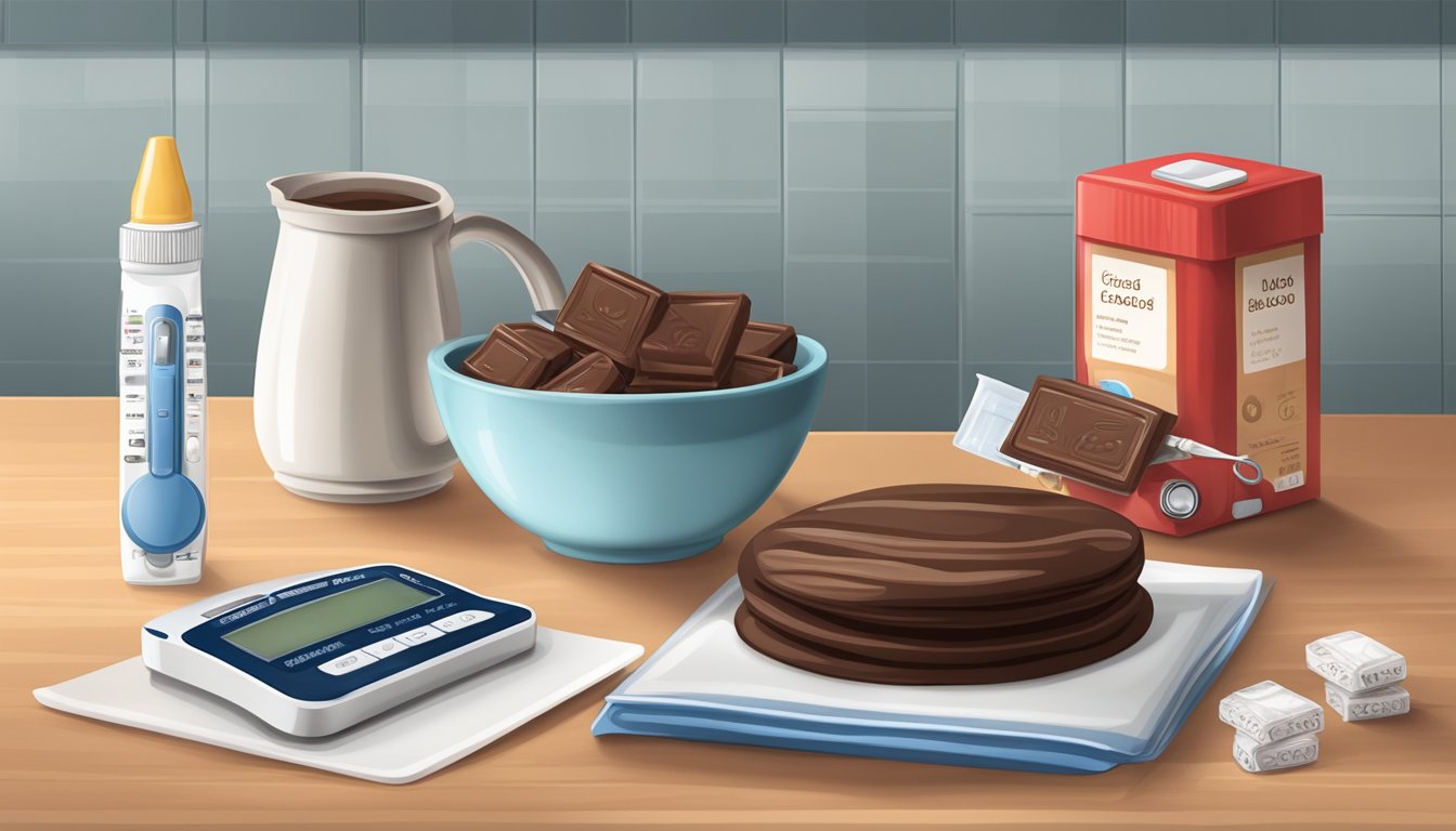 A kitchen counter with a bag of unsweetened baking chocolate and a blood glucose monitor