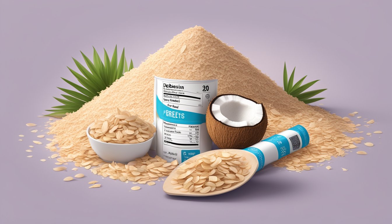 A pile of unsweetened dried coconut surrounded by nutritional information labels and a diabetes-friendly symbol