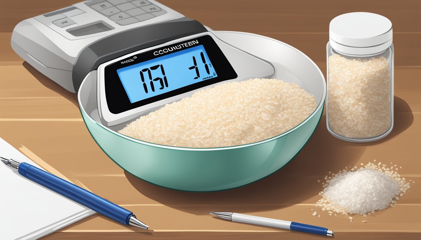 A bowl of unsweetened dried coconut next to a glucometer and insulin pen on a kitchen counter