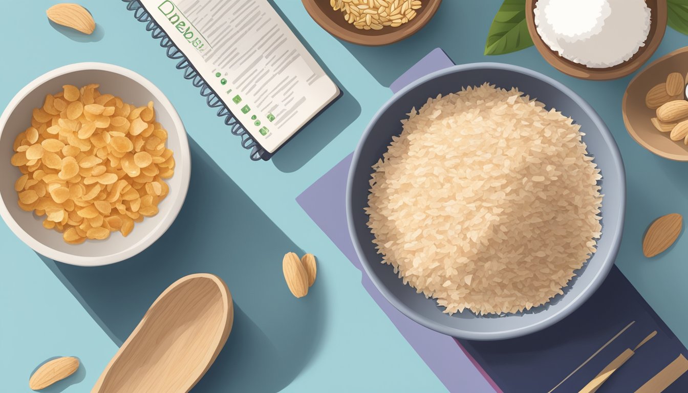 A bowl of unsweetened dried coconut next to a plate of diabetic-friendly foods, with a diabetes-friendly cookbook open in the background