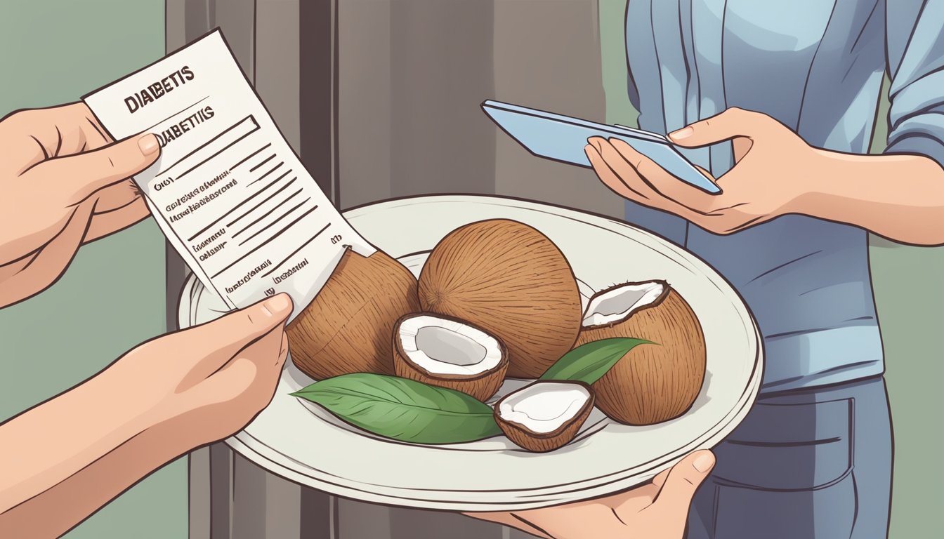 A dietician holding a plate of unsweetened dried coconut next to a list of lifestyle and dietary recommendations for diabetics