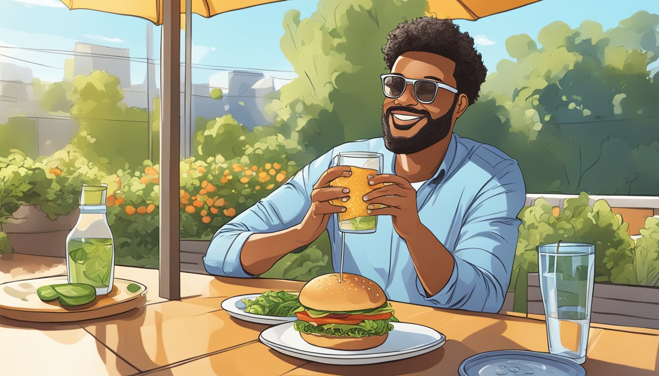 A person with diabetes enjoying a veggie burger with a side of salad and a glass of water on a sunny patio