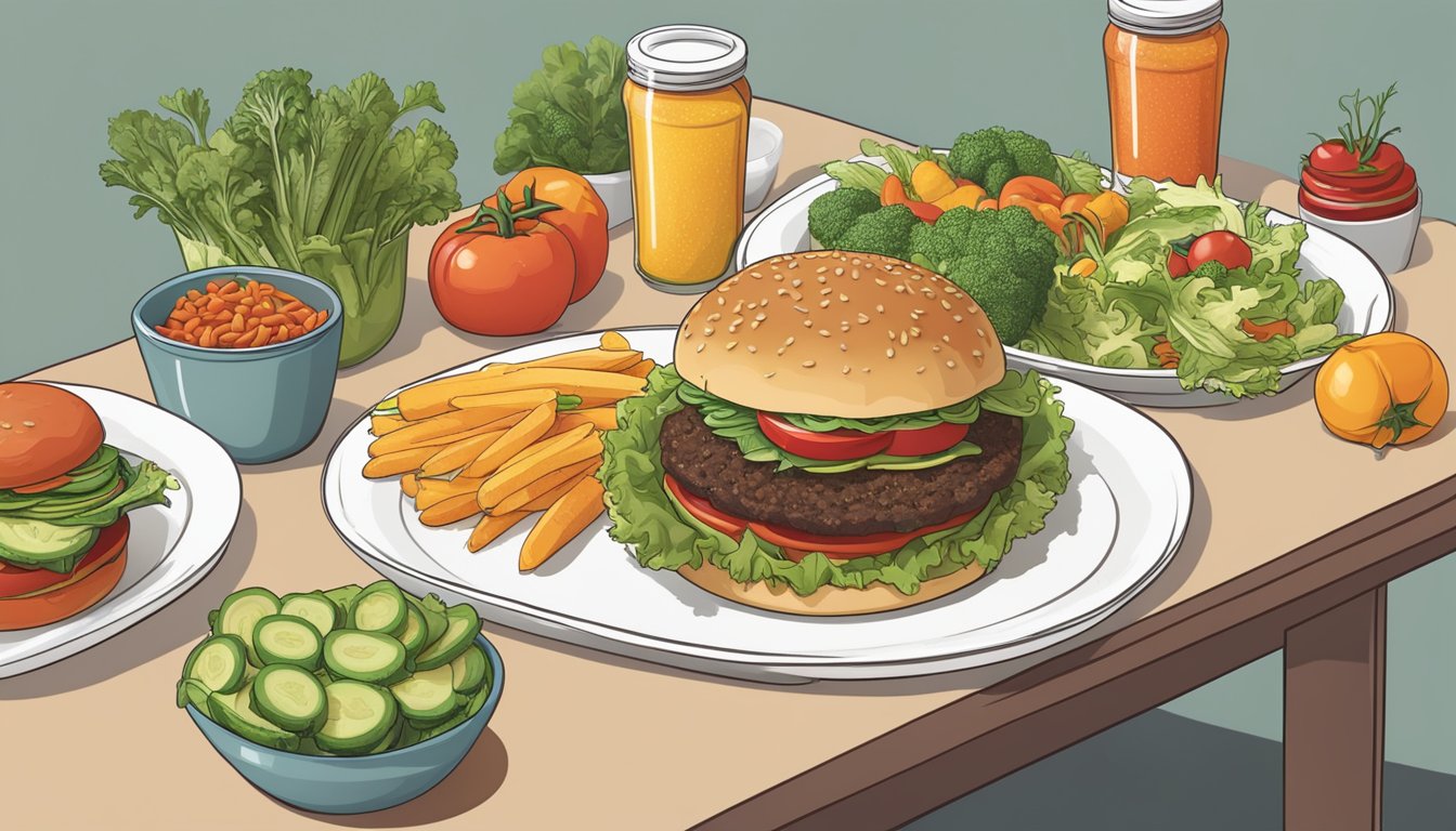 A table spread with veggie burgers, fresh vegetables, and nutrition labels