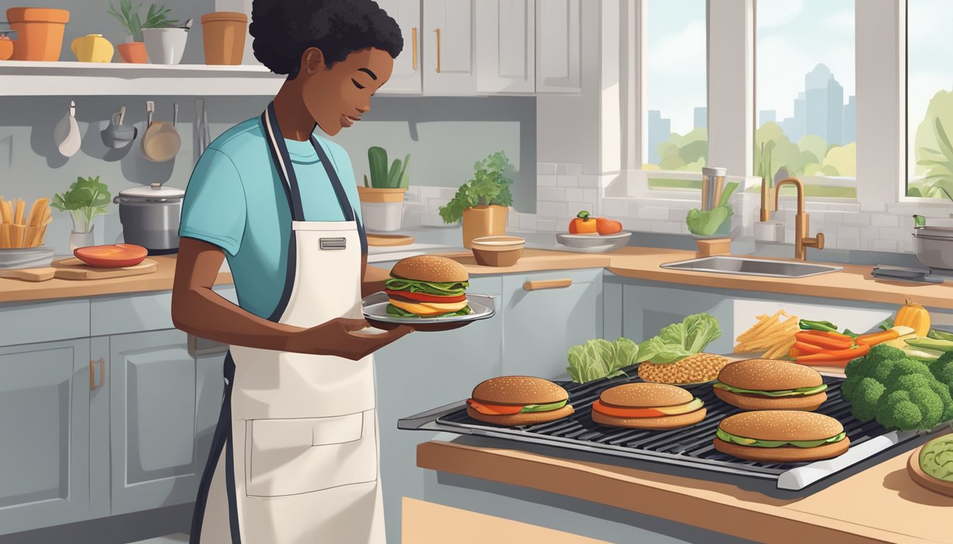 A person grilling veggie burgers with a variety of colorful vegetables and whole grain buns on a clean, organized kitchen counter