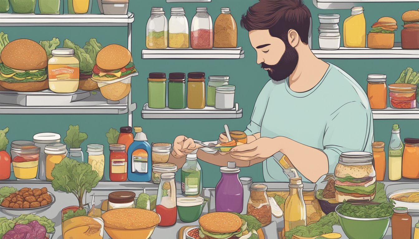 A person with diabetes searching through various condiments and toppings while considering veggie burgers