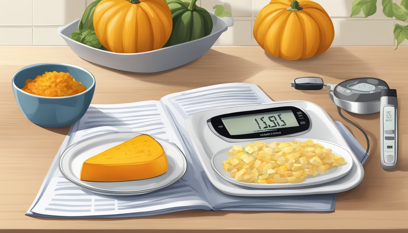 A plate with a serving of winter squash, a blood glucose monitor, and a diabetes education book on a kitchen table