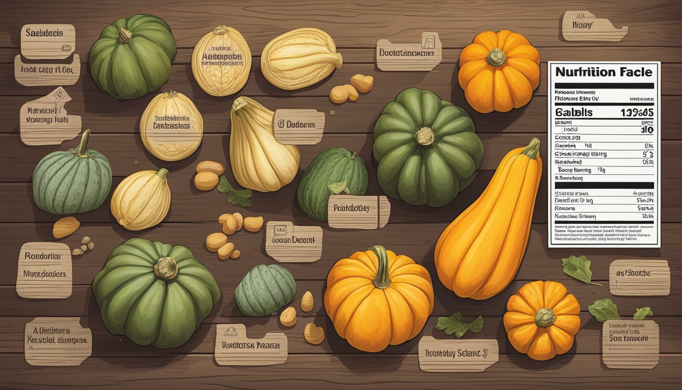 A colorful assortment of winter squash varieties arranged on a wooden table, with a nutrition label and a diabetes-friendly symbol displayed prominently