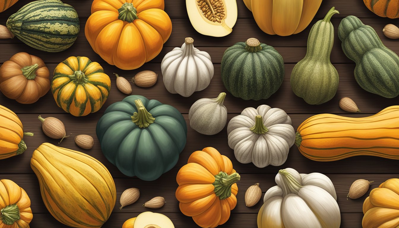 A colorful assortment of winter squash, including butternut and acorn varieties, displayed on a rustic wooden table with a variety of additional nutrients highlighted