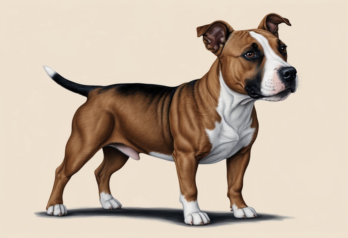 A Miniature Bull Terrier standing alert with a muscular build, distinctive egg-shaped head, and small, triangular eyes