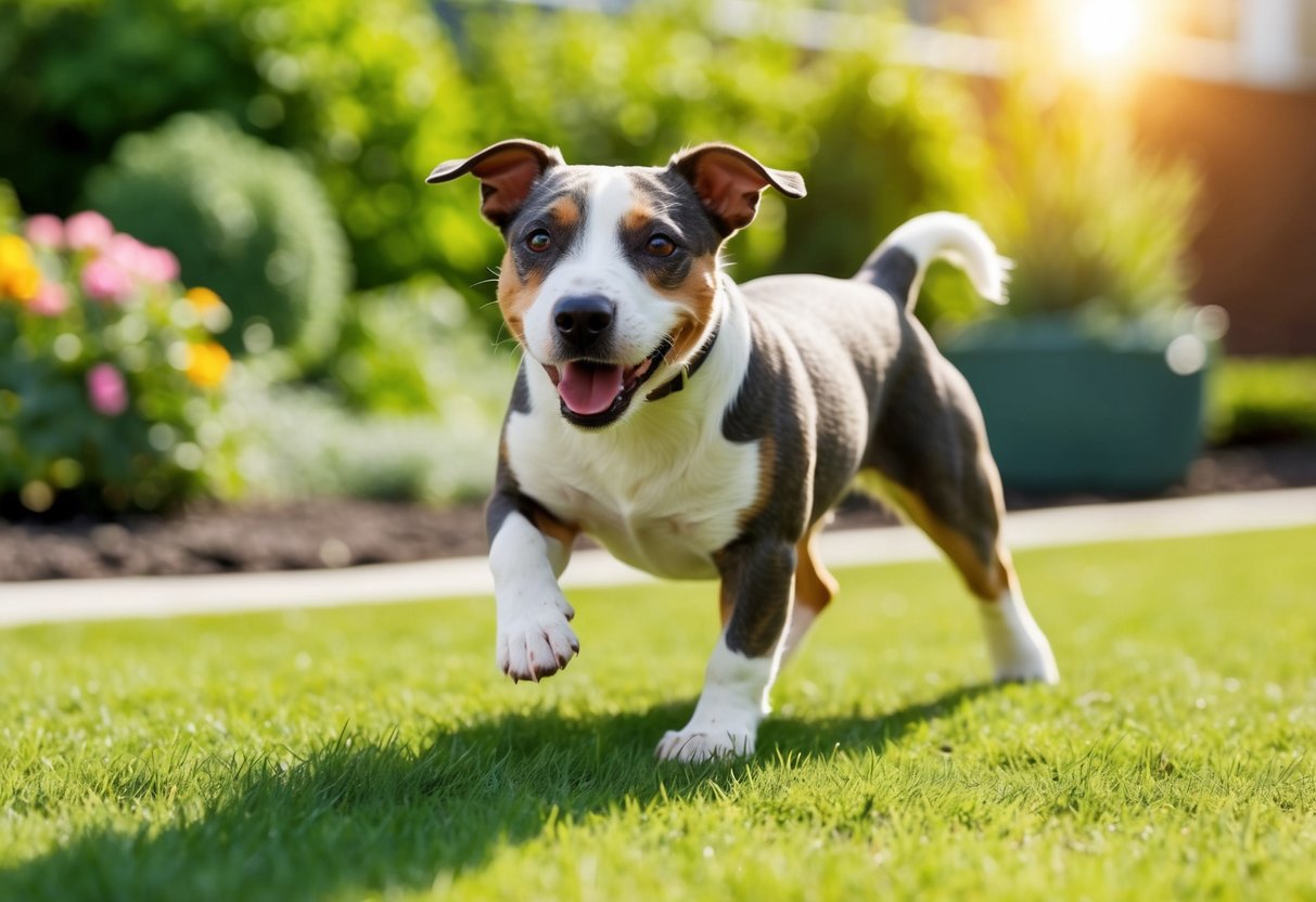 A Miniature Bull Terrier dog playing in a sunny garden, wagging its tail and looking alert