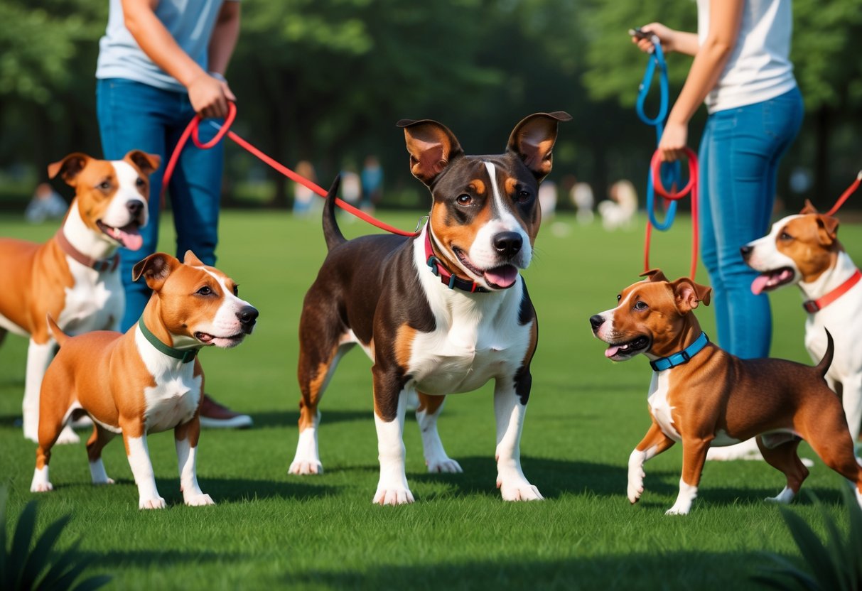 A Miniature Bull Terrier dog is being trained and socialized in a park, surrounded by other dogs and their owners