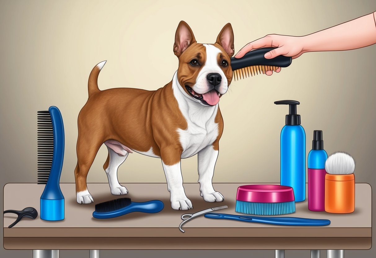 A Miniature Bull Terrier being brushed and groomed on a table with various grooming tools and products nearby