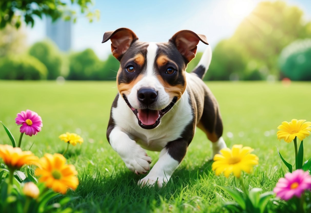 A miniature Bull Terrier dog playing in a sunny park, surrounded by green grass and colorful flowers, with a happy and healthy expression on its face