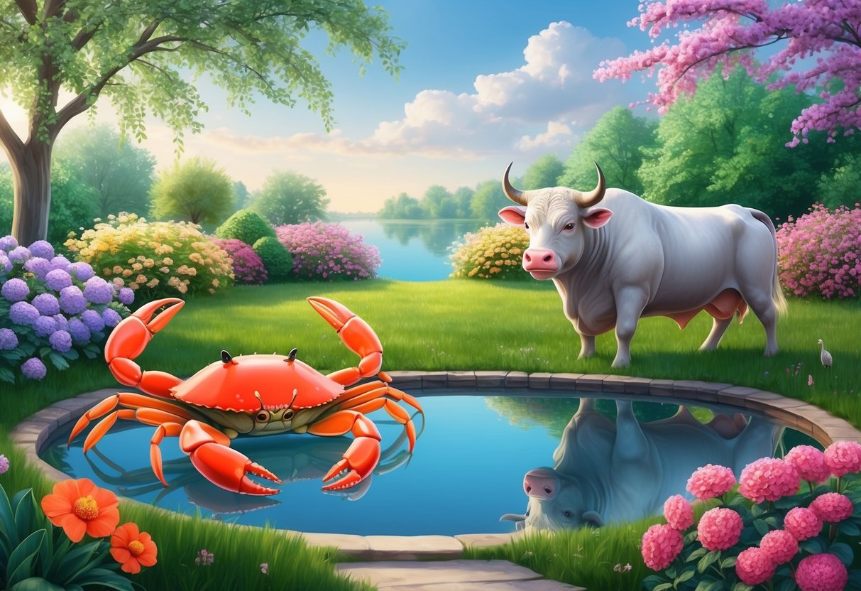 A serene garden with blooming flowers and a tranquil pond, with a gentle bull and protective crab peacefully coexisting