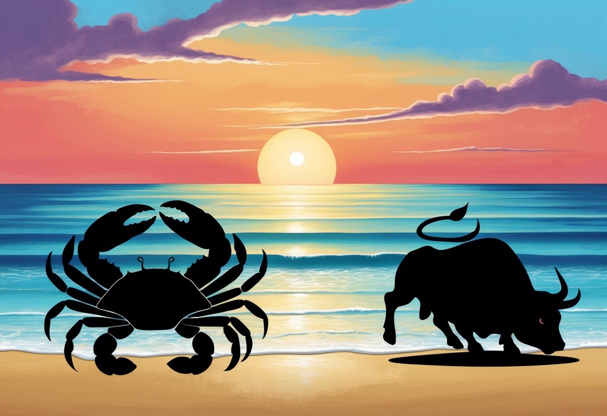 A serene beach at sunset, with a gentle ocean breeze and two intertwined crab and bull silhouettes against the colorful sky