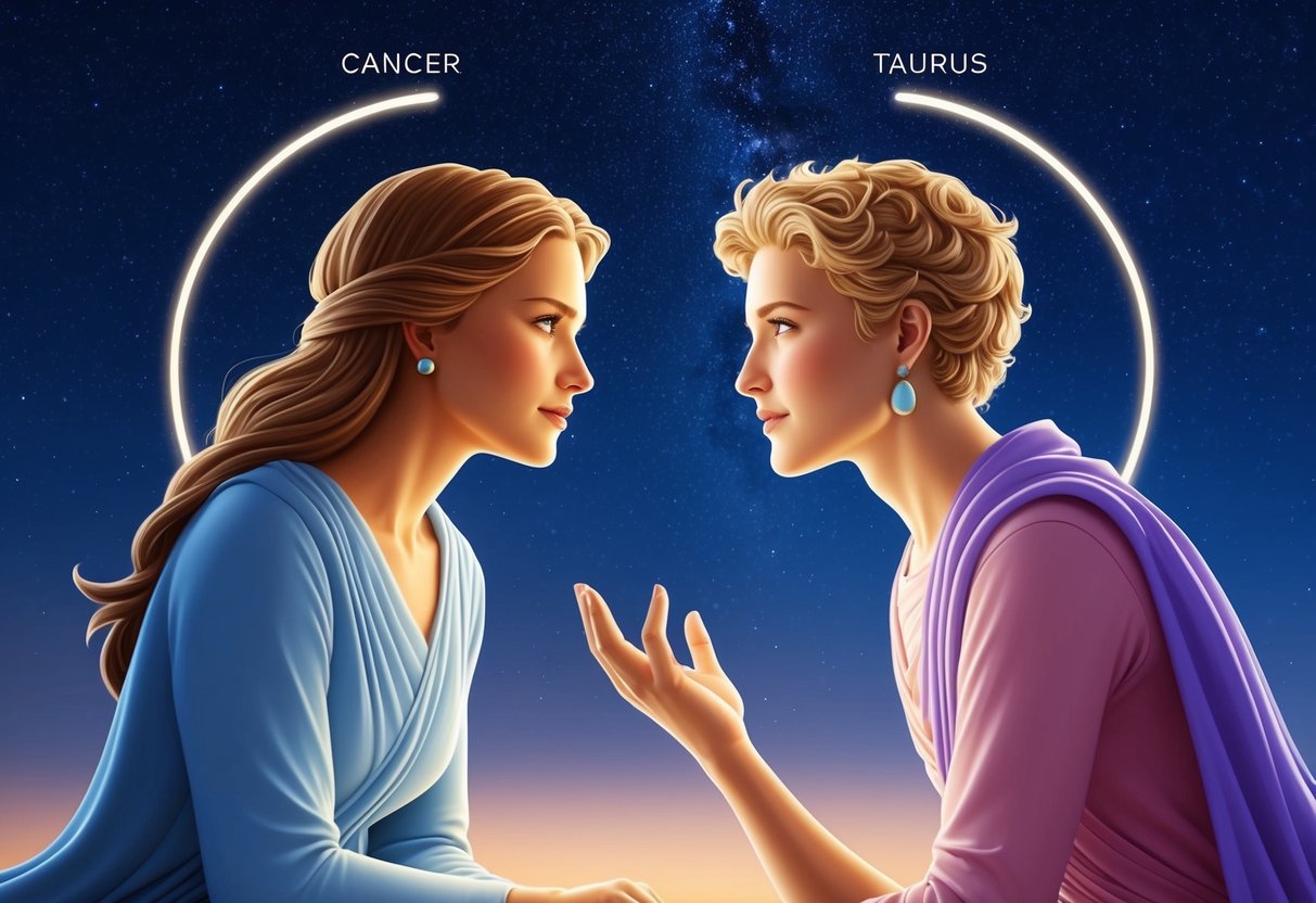 Two celestial figures, Cancer and Taurus, engaged in deep conversation under a starry night sky. Their connection is evident through their intense eye contact and relaxed body language