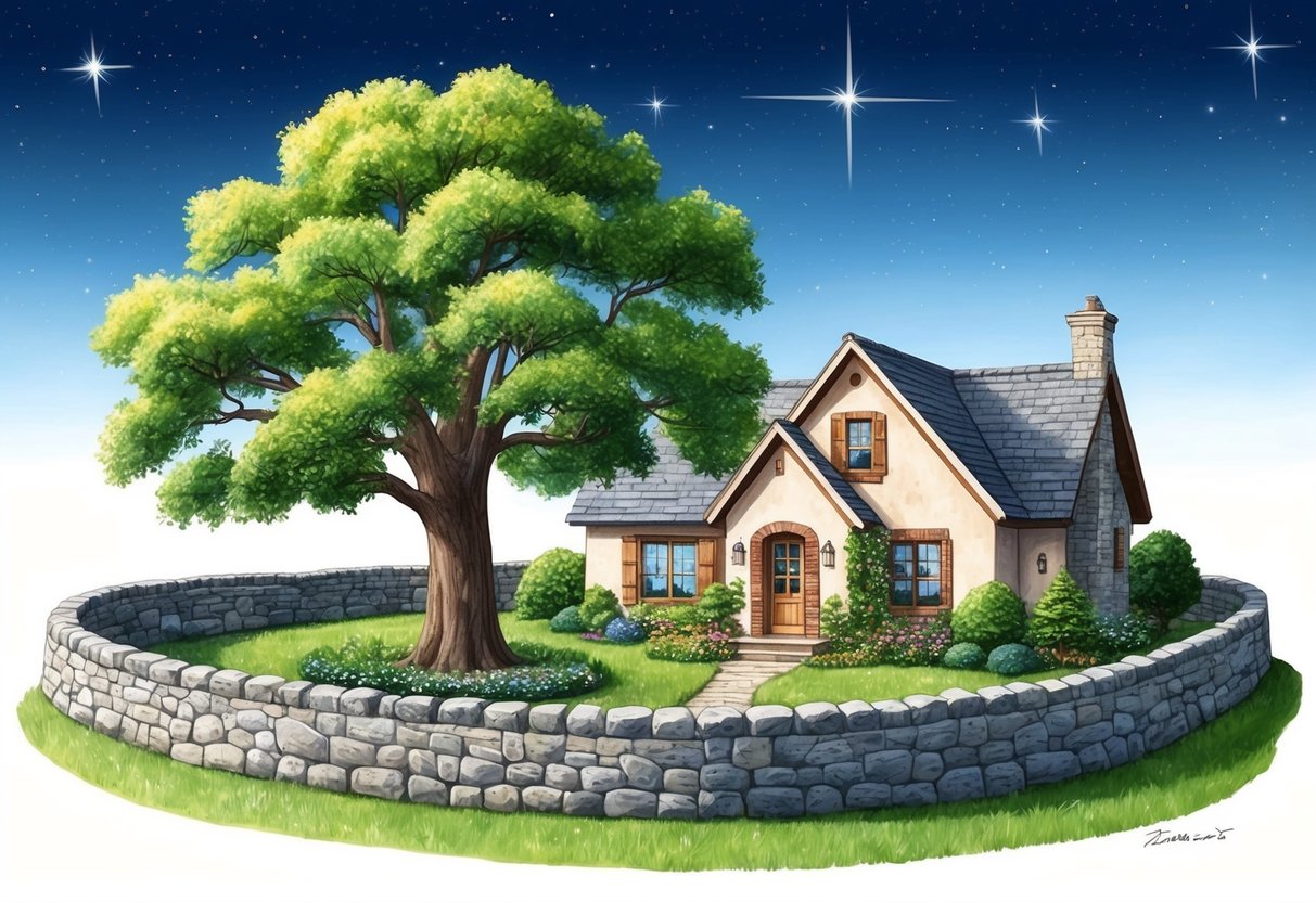 A cozy home with a sturdy oak tree and a nurturing garden, surrounded by a protective stone wall under a clear, starry sky