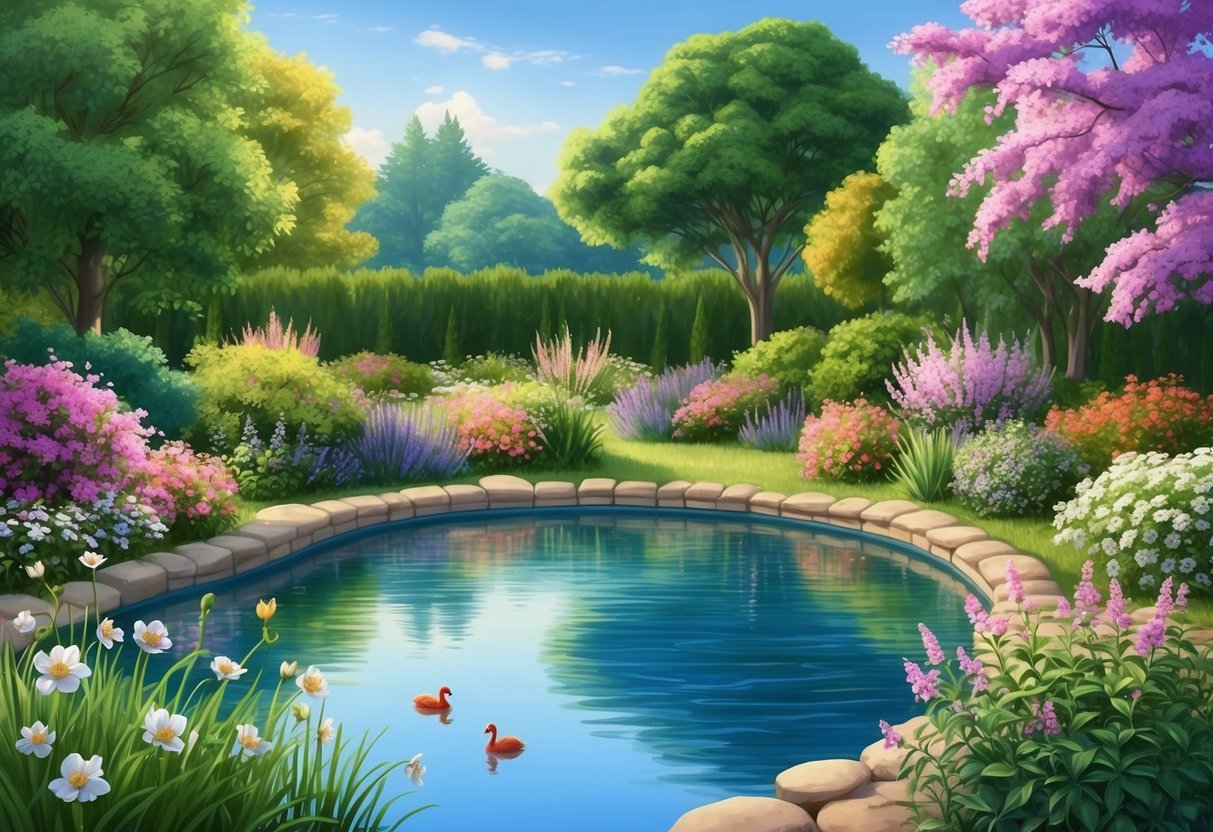 A serene garden with blooming flowers and a tranquil pond, symbolizing the harmonious and sensual connection between Cancer and Taurus