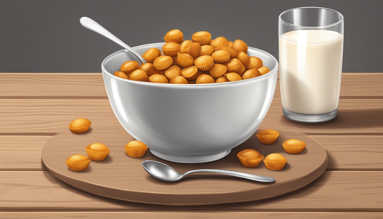 A bowl of Reese's Puffs cereal with milk, a spoon, and a napkin on a wooden table