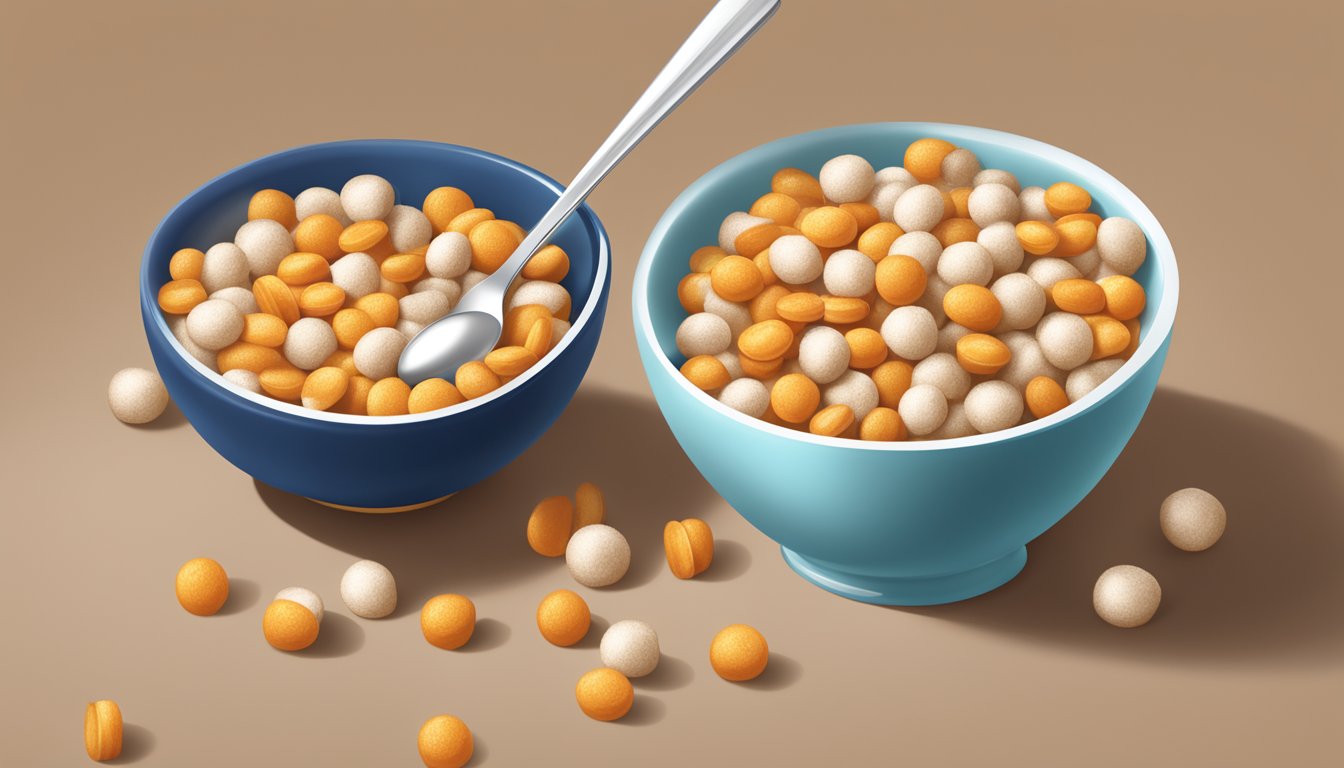 A bowl of Reese's Puffs cereal surrounded by a glass of milk, a spoon, and a nutrition label