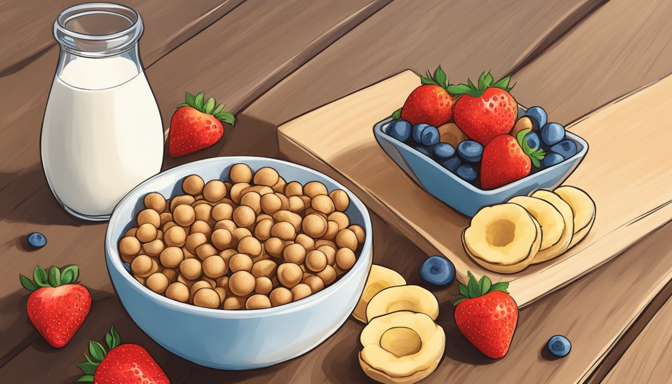 A bowl of Reese's Puffs cereal beside a glass of milk, surrounded by fresh strawberries and bananas on a wooden breakfast table