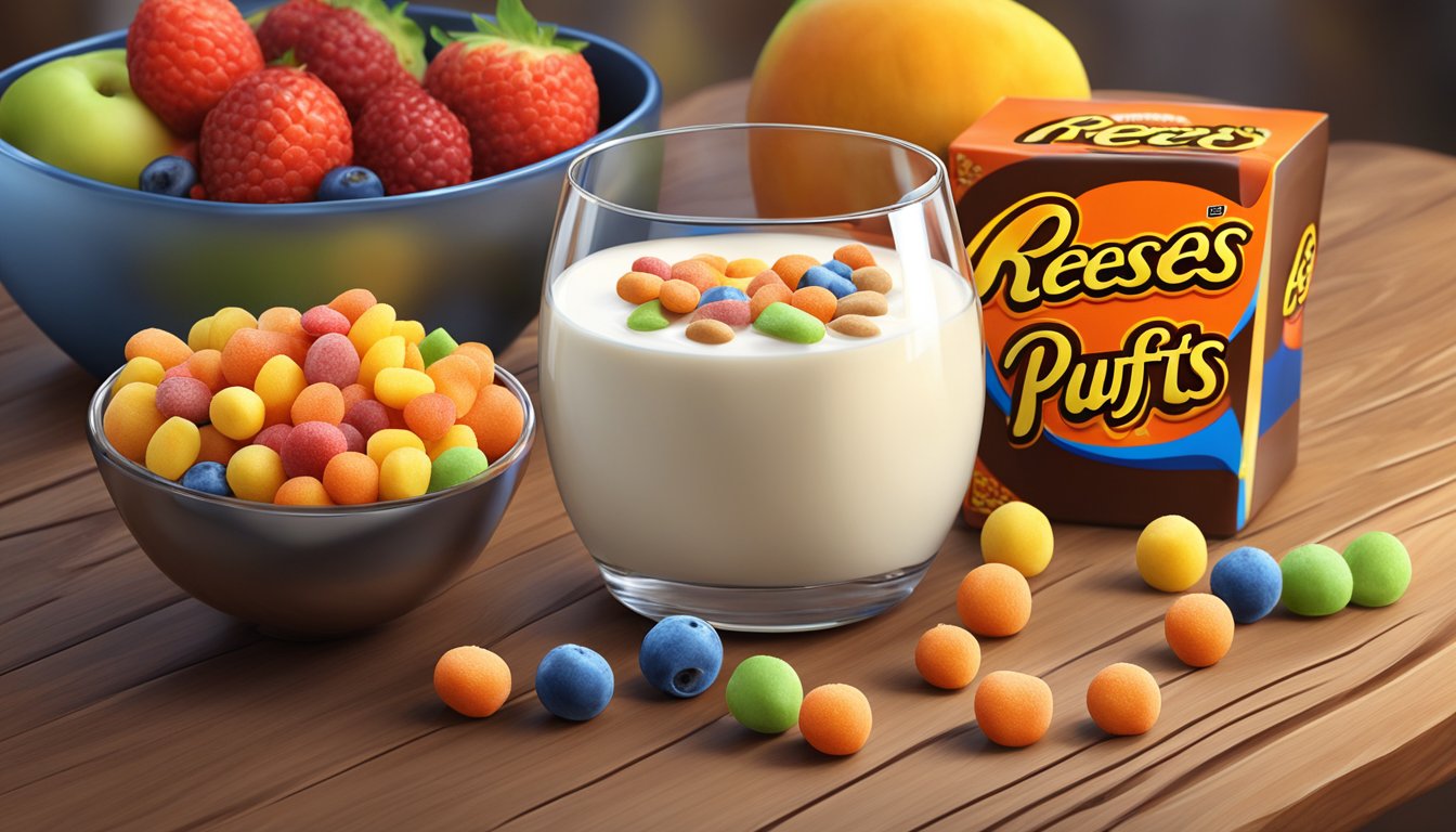 A bowl of Reeses Puffs cereal surrounded by a variety of fresh fruits and a glass of milk on a wooden table