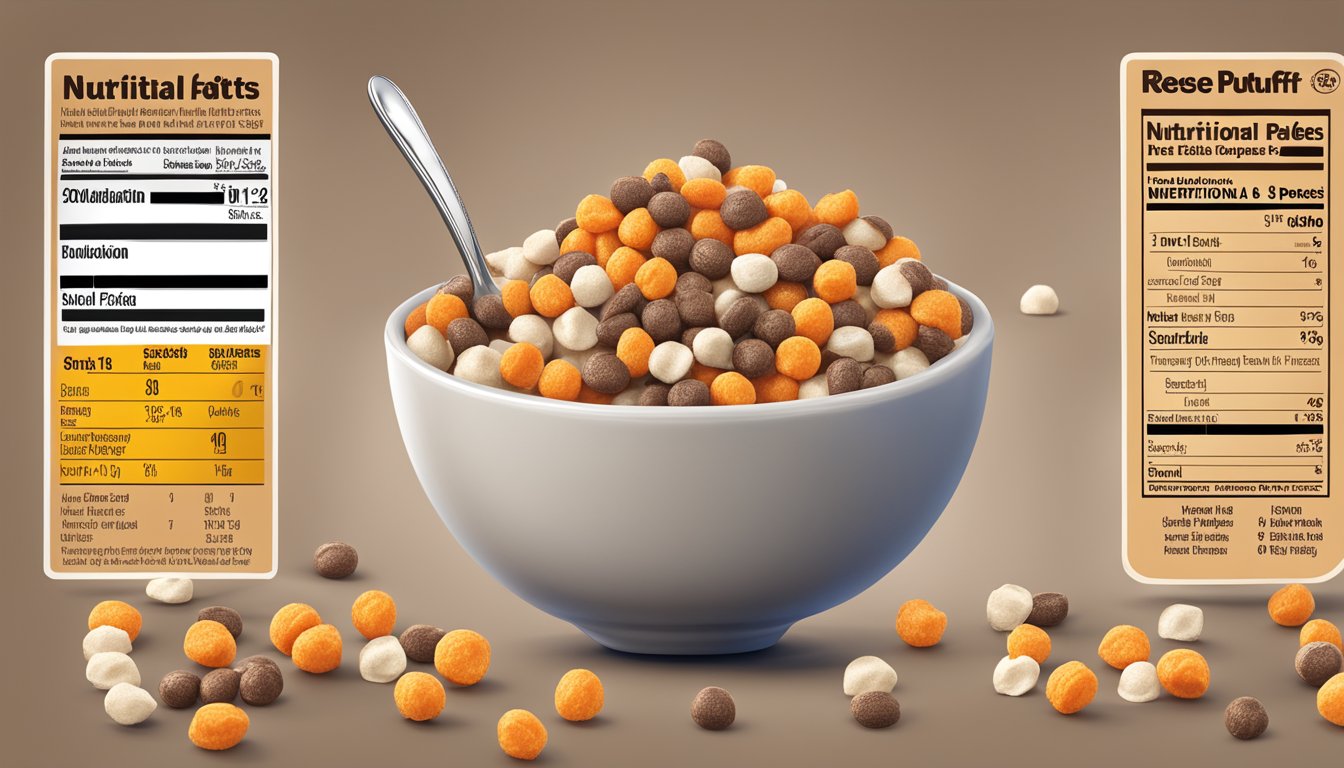 A bowl of Reese's Puffs cereal surrounded by milk, a spoon, and a nutritional information label