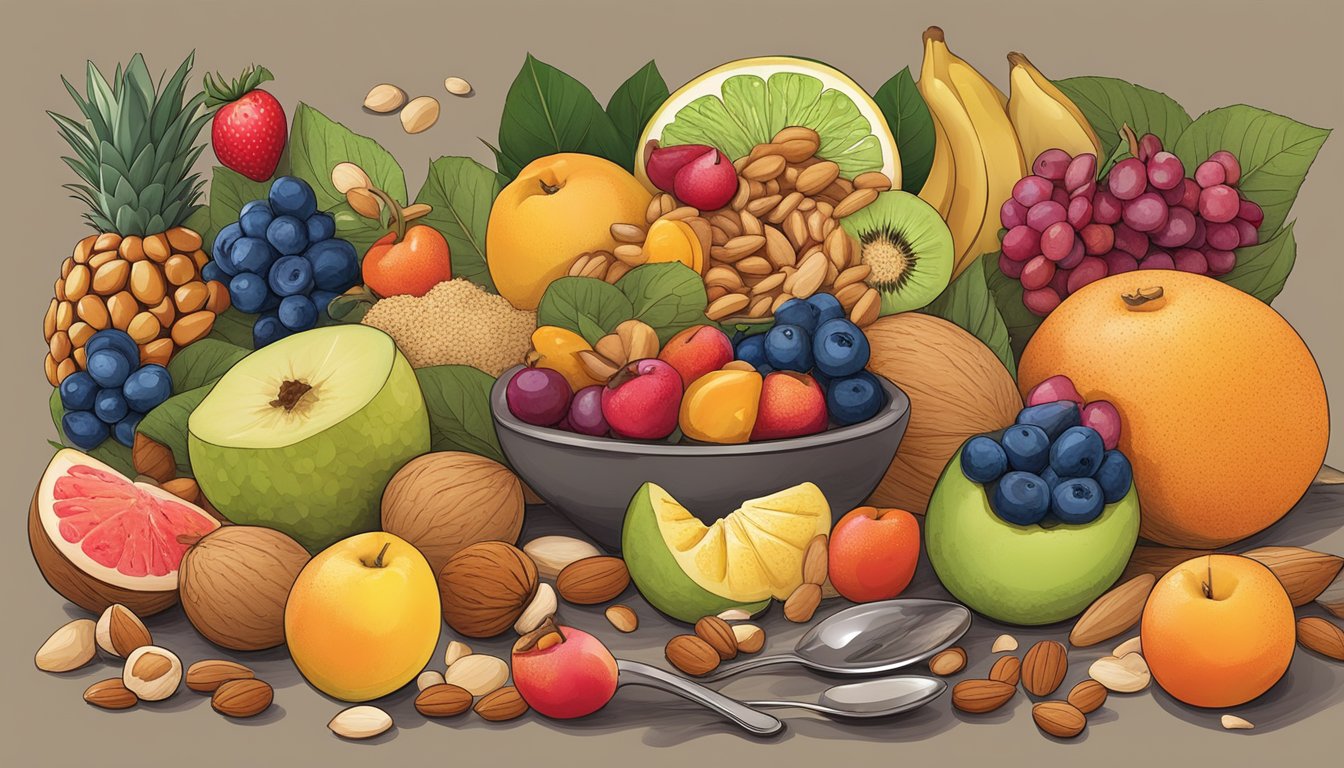 A colorful array of fruits, nuts, and grains arranged in a balanced composition, with a spoon placed in the center