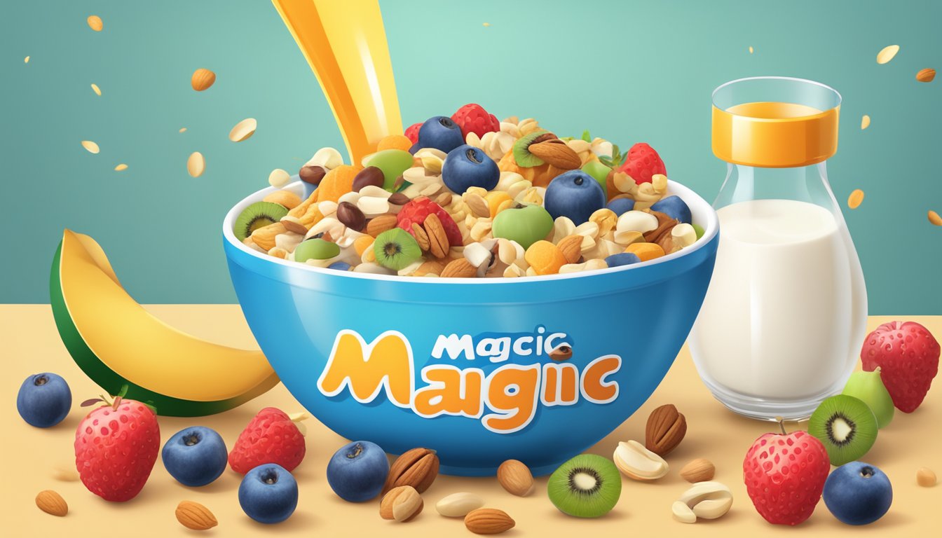 A bowl of colorful cereal surrounded by various fruits and nuts, with a milk carton labeled "Magic Spoon Nutrition" in the background