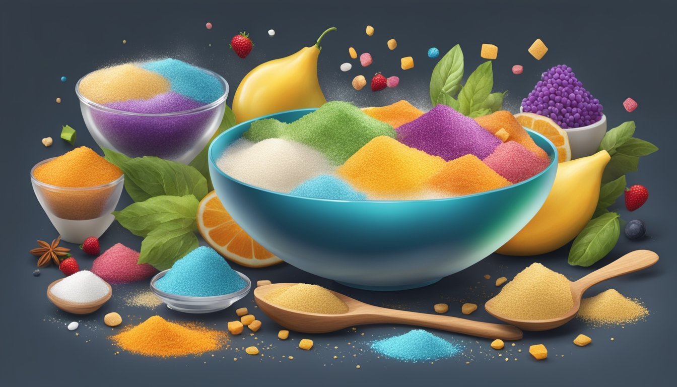 A colorful array of ingredients and sweeteners swirl around a bowl, with magic spoon nutrition appearing to sprinkle over the mix