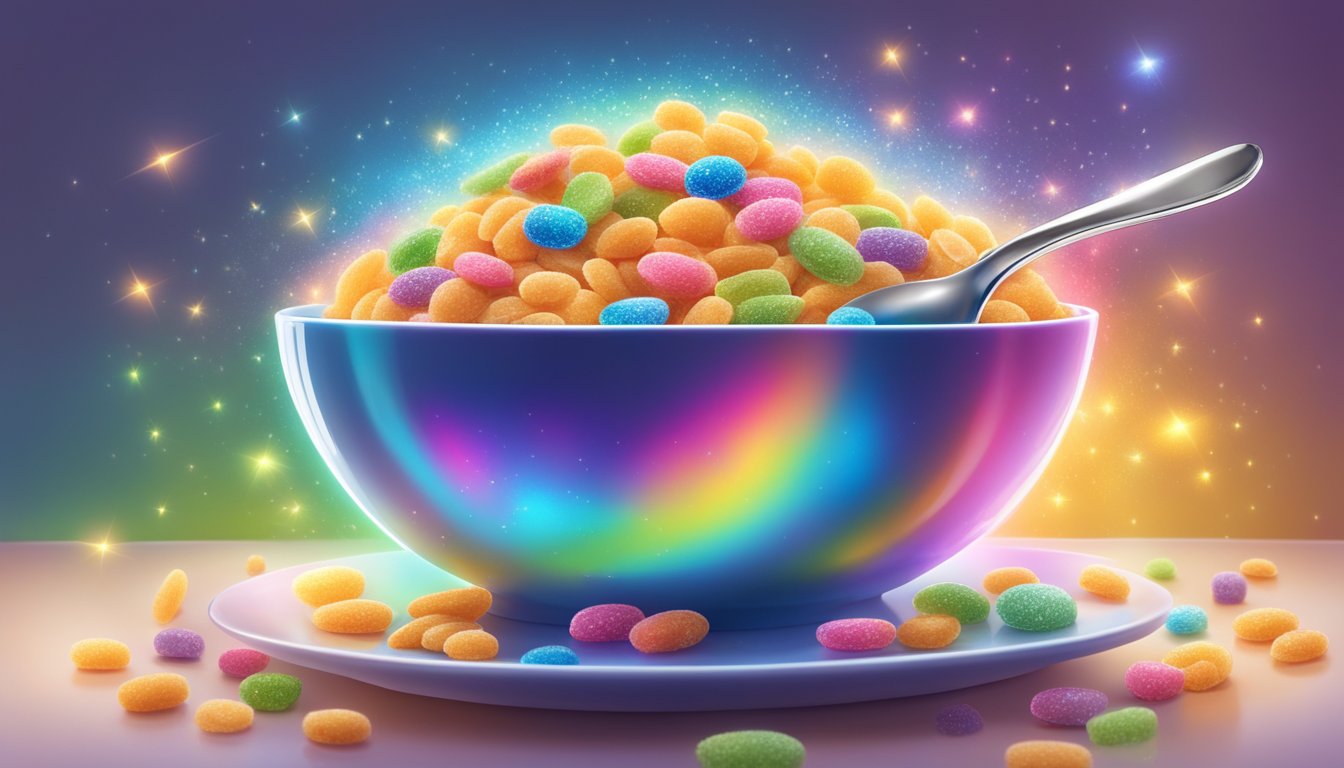 A glowing spoon hovers above a bowl of cereal, emitting sparkles and vibrant colors, showcasing its magical and nutritious properties