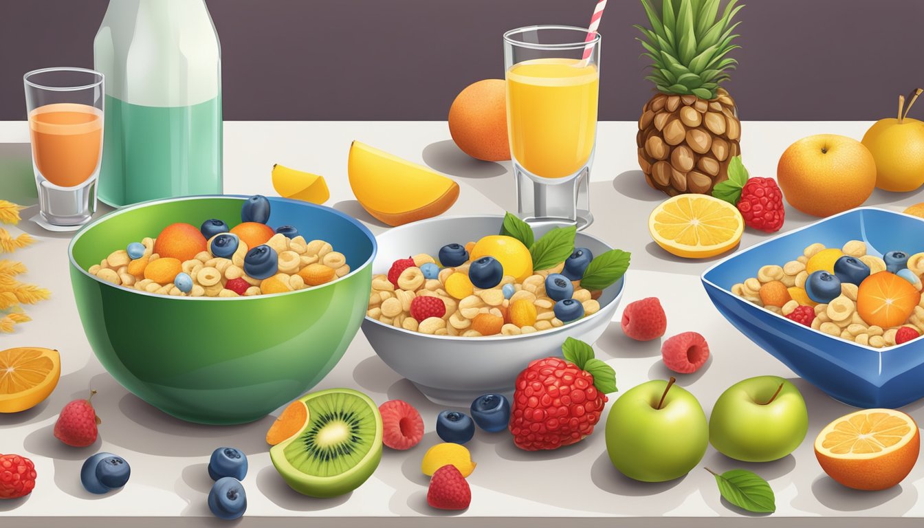 A colorful cereal bowl surrounded by fruits and a glass of milk on a kitchen table