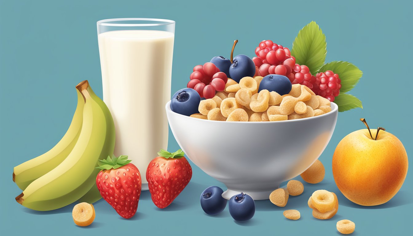 A bowl of Kix cereal surrounded by a variety of fruits and a glass of milk