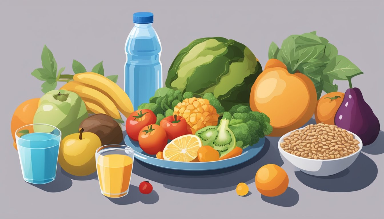 A colorful array of fruits, vegetables, and whole grains arranged on a table, with a bottle of water and a plate of lean protein