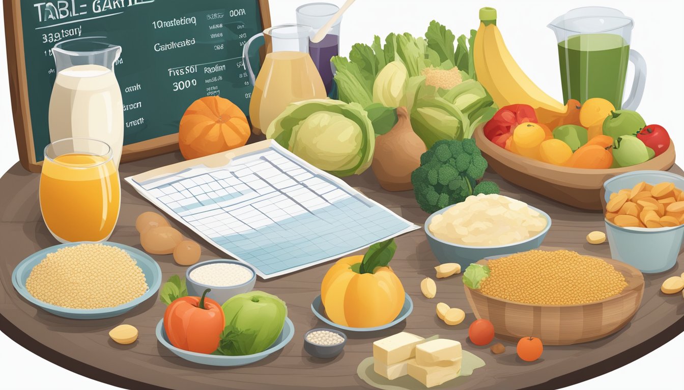 A table filled with various food items, including fruits, vegetables, grains, and dairy products, with a nutrition label and analysis chart displayed nearby