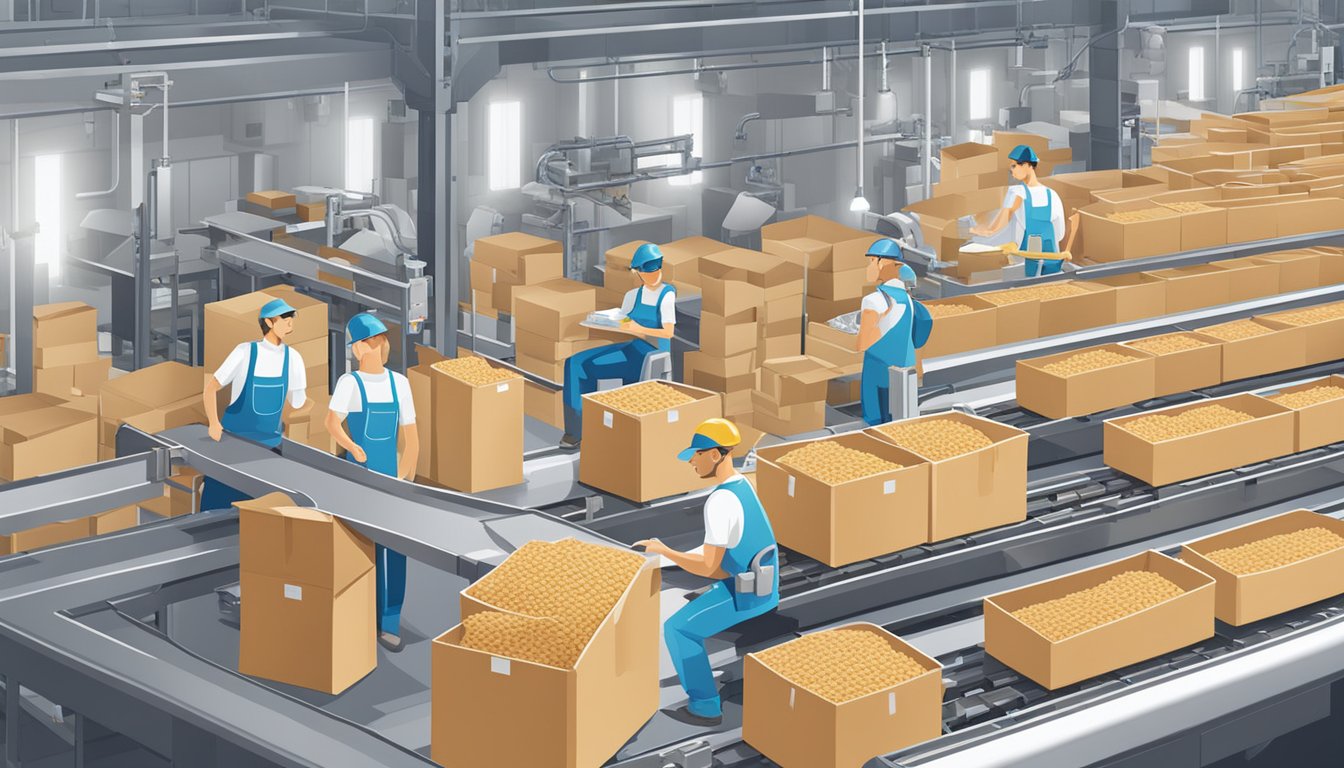 A factory conveyor belt fills boxes with Kix cereal while workers monitor the production line