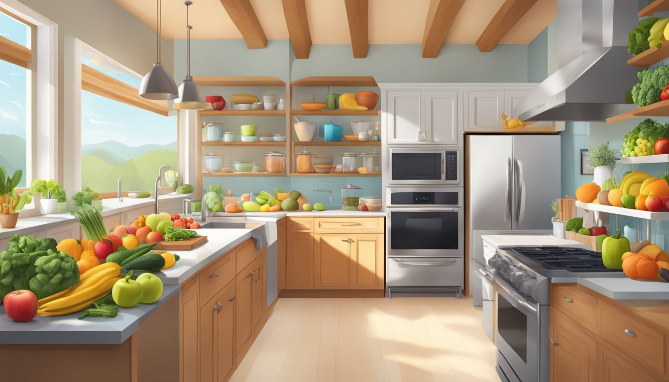 A colorful array of fresh fruits, vegetables, whole grains, and exercise equipment in a bright, open kitchen