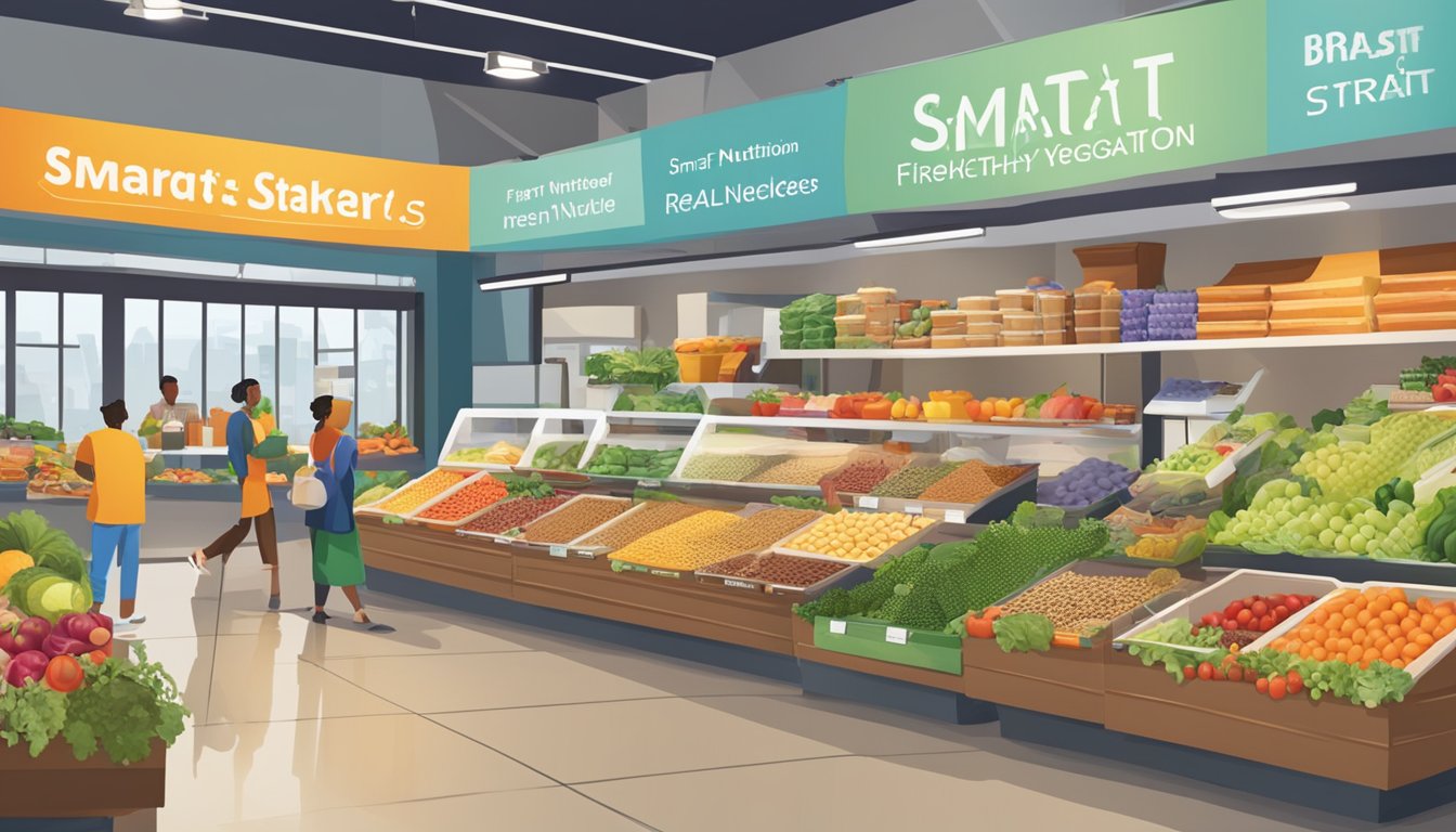 A bustling market with colorful stalls selling fresh fruits, vegetables, and whole grains. A banner for "Smart Start Nutrition" hangs above a display of healthy breakfast options