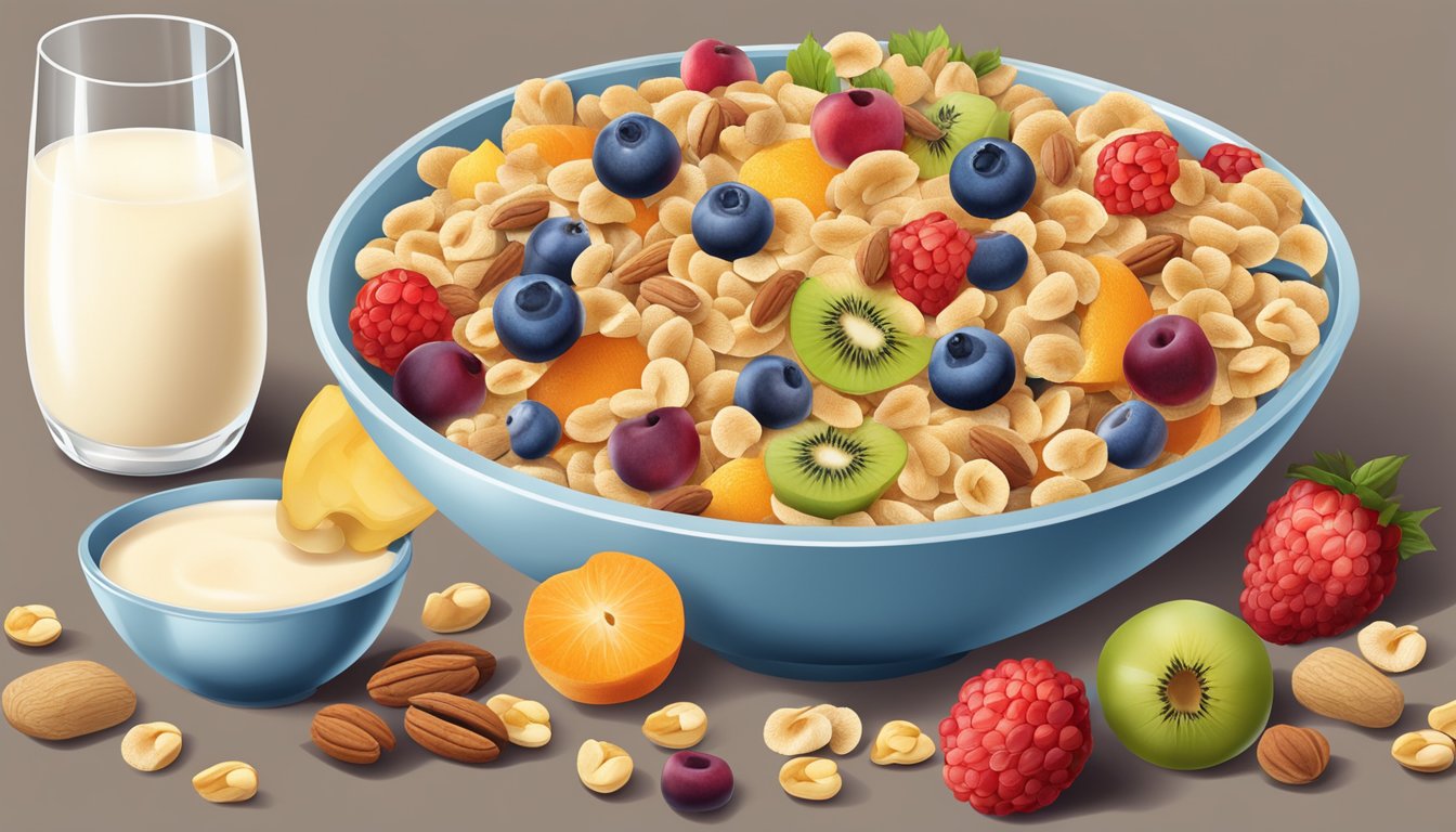 A bowl of cereal surrounded by various fruits and nuts, with a glass of milk on the side