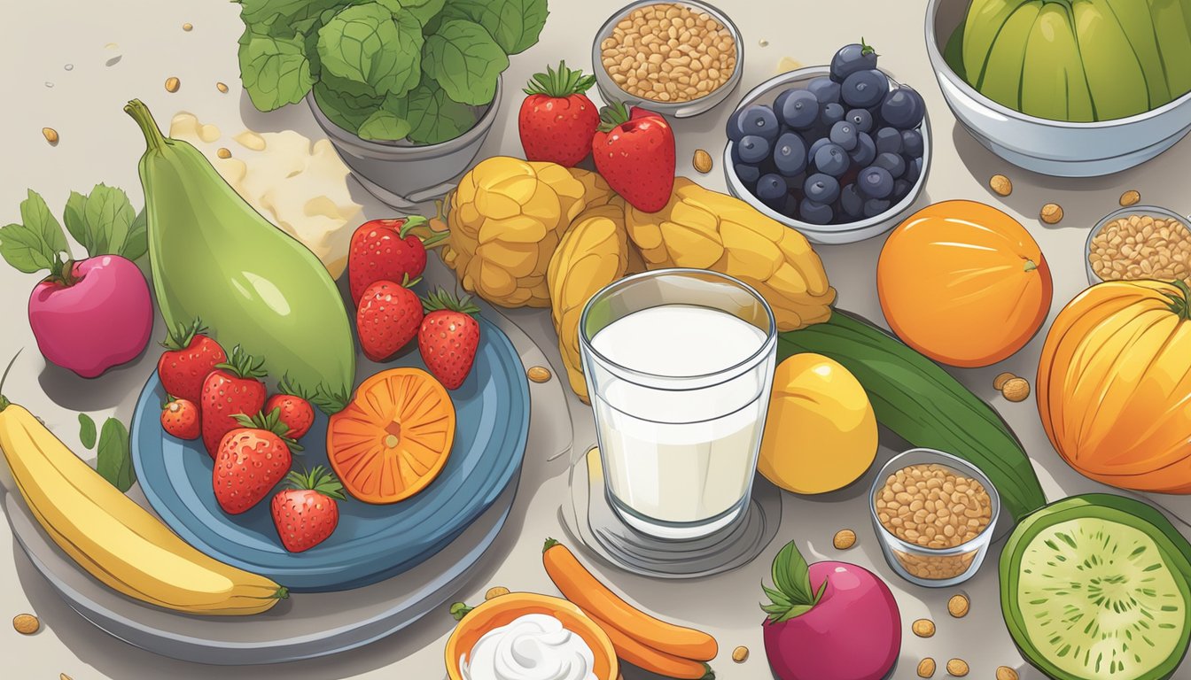 A colorful array of fresh fruits, vegetables, and whole grains arranged on a table, with a bowl of yogurt and a glass of milk nearby