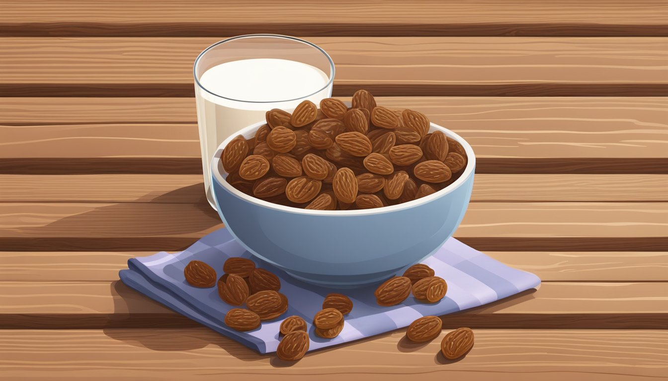 A bowl of Raisin Bran cereal surrounded by a handful of plump raisins and a glass of milk on a wooden table