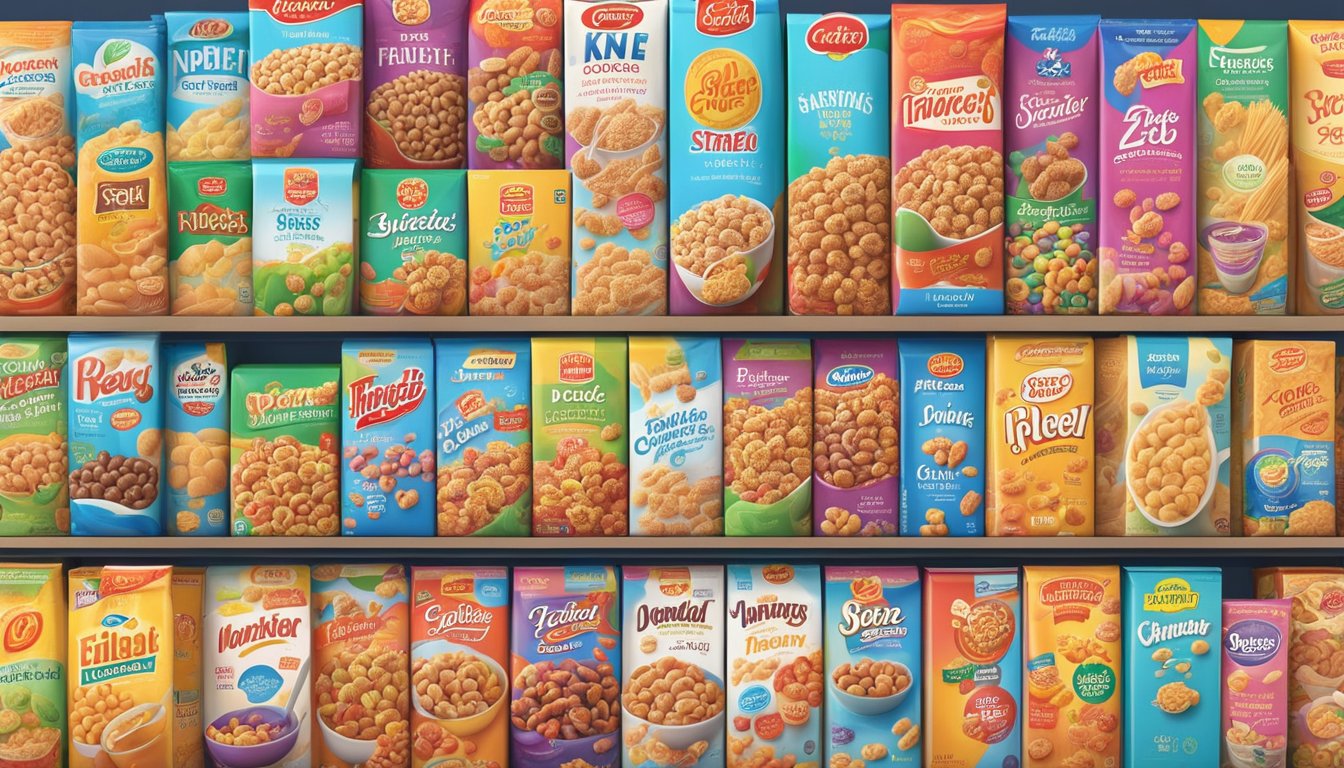 A colorful array of cereal boxes on a supermarket shelf, featuring popular brands and a variety of flavors