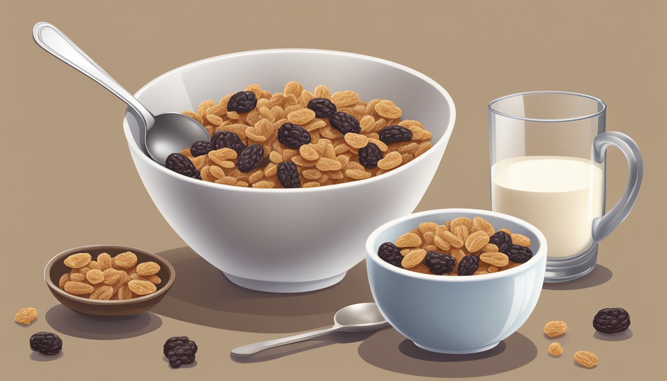 A bowl of raisin bran cereal surrounded by a glass of milk, a spoon, and a measuring cup of raisins